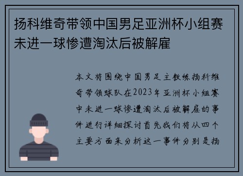 扬科维奇带领中国男足亚洲杯小组赛未进一球惨遭淘汰后被解雇