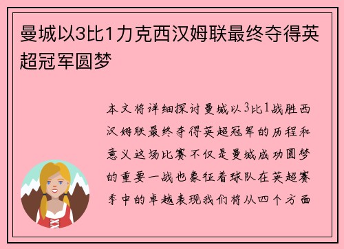 曼城以3比1力克西汉姆联最终夺得英超冠军圆梦